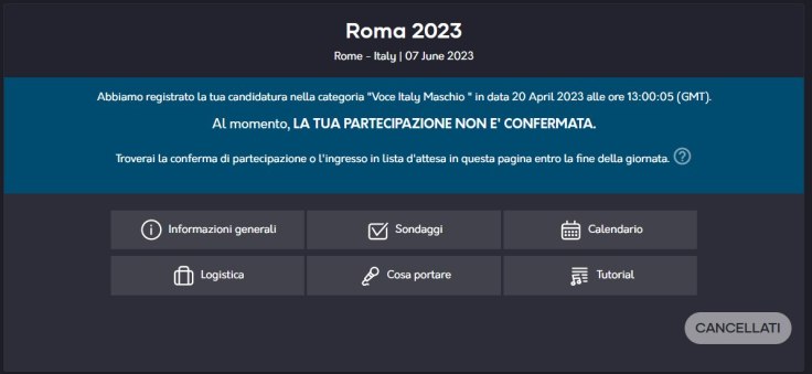 Immagine dell'App Rockin'1000 nel 2023 subito dopo il tentativo di iscrizione a un concerto. L'app mostra data e ora della candidatura e non conferma la partecipazione.