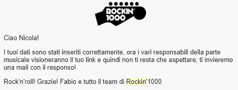 Email da Rockin'1000 di candidatura ricevuta